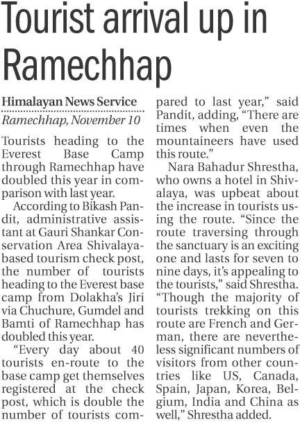 Tourist arrival up in Ramechhap